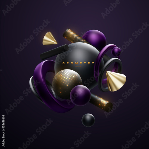 Black, purple and golden geometric shapes cluster. Abstract elegant composition.