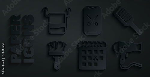 Set Calendar with haircut day, Hairbrush, Shaving, dryer, Barber online service or platform and Towel hanger icon. Vector
