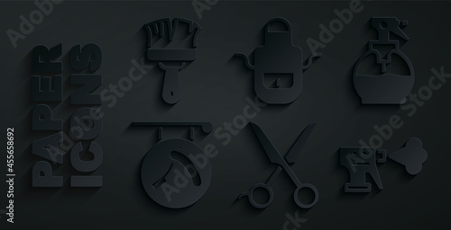 Set Scissors hairdresser, Hairdresser pistol spray bottle, Barbershop with razor, apron and Shaving brush icon. Vector