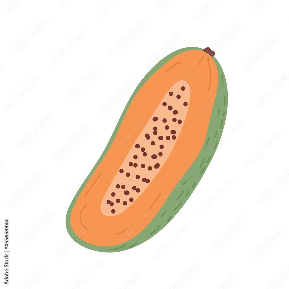 Papaya half with orange flesh and seeds. Cut piece of papaw fruit. Pawpaw cross section. Fresh tropical sweet fruit. Colored flat vector illustration isolated on white background Papaya half with orange flesh and seeds. Cut piece of papaw fruit. Pawpaw cross section. Fresh tropical sweet fruit. Colored flat vector illustration isolated on white background