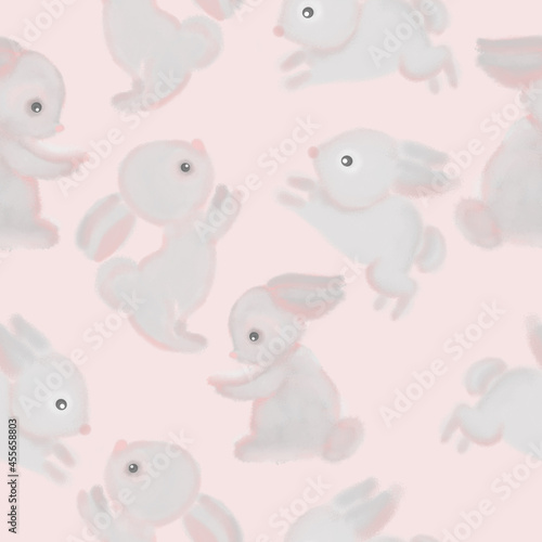 Seamless pattern with cute bunnies. Design for a holiday. Printing for wrapping paper. An illustration for printing. Children s composition. Texture for fabric and paper.