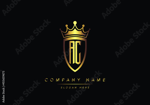 Alphabet letters AC monogram logo, gold color, shield style, luxury style, vector illustration