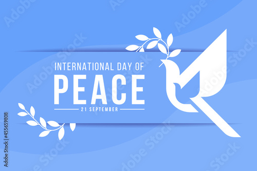 International day of peace - white dove of peace to fly with an Olive Branch of a Leaf sign on abstract curve blue texture background vector Design