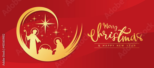 Merry Christmas and happy new year banner with Gold Nightly christmas scenery mary and joseph in a manger with baby Jesus and Meteor star around on red curve texture background vector design