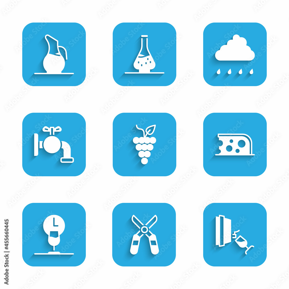 Set Bunch of grapes, Gardening scissors, Wine tasting, degustation, Cheese, time, Tap for barrel, Cloud with rain and Decanter wine icon. Vector Set Bunch of grapes, Gardening scissors, Wine tasting, degustation, Cheese, time, Tap for barrel, Cloud with rain and Decanter wine icon. Vector