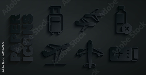 Set Plane, No water bottle, takeoff, Airline ticket, and Suitcase icon. Vector