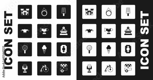 Set Ice cream, Swing plane, Jester hat with bells, Castle, Boat swing, Circus fire hoop, ticket and Lollipop icon. Vector