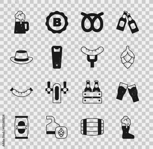 Set Boot beer glass, Glass of, Hop, Pretzel, Bottle opener, Oktoberfest hat, Wooden mug and Sausage on the fork icon. Vector