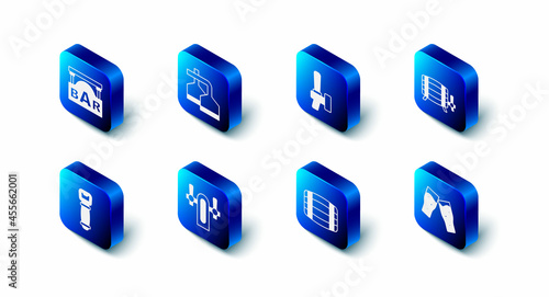 Set Beer brewing process, tap, Wooden barrel, Glass of beer, Bottle opener and Street signboard with Bar icon. Vector