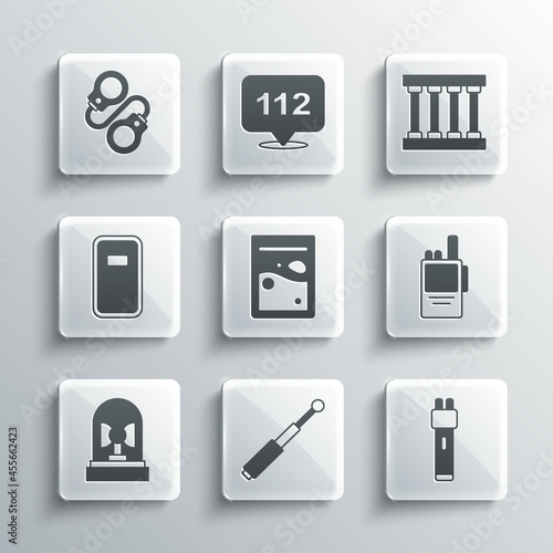 Set Telescopic baton, Police electric shocker, Walkie talkie, Plastic bag of drug, Flasher siren, assault shield, Handcuffs and Prison window icon. Vector