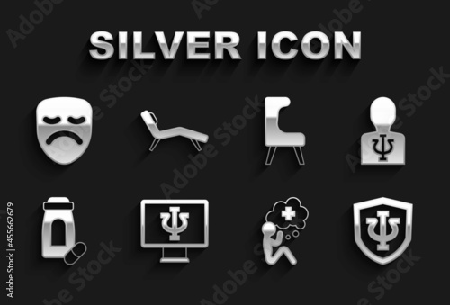 Set Psychologist online, Psychology, Psi, Helping hand, Sedative pills, Armchair, Drama theatrical mask and icon. Vector