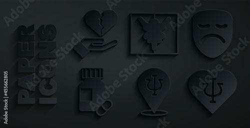 Set Psychology, Psi, Drama theatrical mask, Sedative pills, Rorschach test and Broken heart divorce icon. Vector