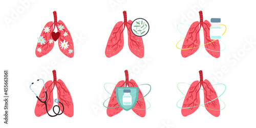 Set of medical icons set, hand-drawn lungs collection. Human lungs with flowers, vaccine shield, stethoscope. 