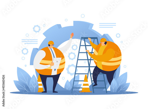 Construction worker talking with architect. Construction worker flat design.