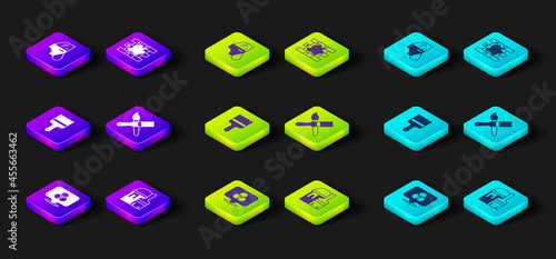 Set RGB and CMYK color mixing, Paint bucket with brush, Painting the house and Car painting icon. Vector