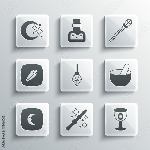 Set Magic wand, Medieval goblet, Witch cauldron, stone, Moon stars, and staff icon. Vector