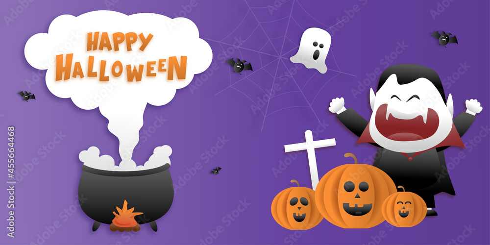 Happy Halloween greeting banner or party invitation with night clouds, pumpkins, bats, and cute ghosts, vampires on a violet background. Paper cut and papercraft style.Vector illustration.