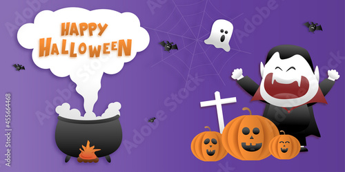 Happy Halloween greeting banner or party invitation with night clouds  pumpkins  bats  and cute ghosts  vampires on a violet background. Paper cut and papercraft style.Vector illustration.