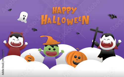 Happy Halloween greeting banner or party invitation with night clouds, pumpkins, bats, and cute ghosts, vampires on a violet background. Paper cut and papercraft style.Vector illustration.