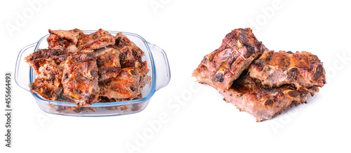 meat fried on coals in a glass cup isolated on a white background.pork ribs.selective focus.
