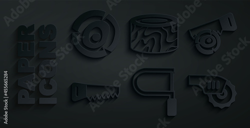 Set Hacksaw, Hand and log, Electric circular, Tree stump and Wooden logs icon. Vector