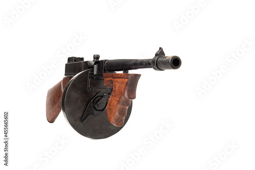 Thompson submachine gun full scale model isolated on white background.