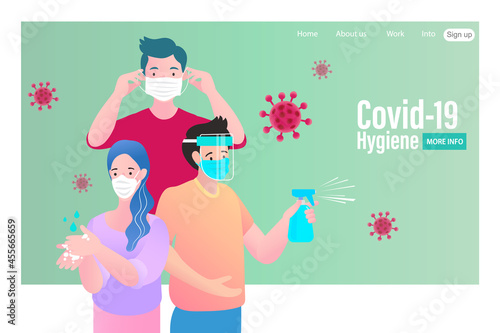 People Fight Against Covid-19. Hygiene promotion with wearing a face mask, sanitizing with alcohol and washing your hands in flat style.