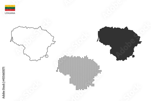 3 versions of Lithuania map city vector by thin black outline simplicity style  Black dot style and Dark shadow style. All in the white background.