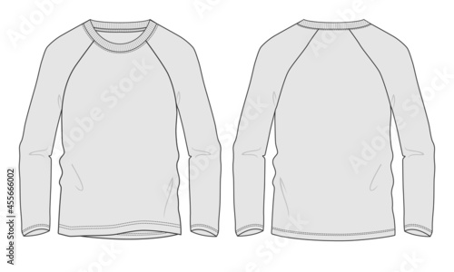 Long sleeve raglan t shirt technical fashion flat sketch vector illustration template front and back views isolated on white background. Cotton jersey apparel design Grey color mock up. Easy editable.