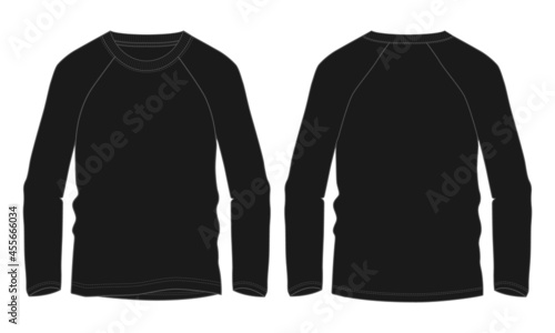 Long sleeve raglan t shirt technical fashion flat sketch vector illustration template front and back views isolated on white background. Cotton jersey apparel design black color mock up. Easy editable