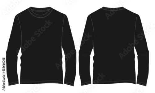 Long sleeve round neck  Black color t shirt overall technical fashion flat sketch vector illustration template front and back views isolated on white background. Cotton jersey apparel design mock up. 