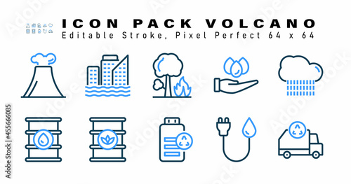 Icon Set of Volcano Two Color Icons. Contains such Icons as Rain Cloud, Oil Drum, Oil Barrel, Recycle Battery etc. Editable Stroke. 64 x 64 Pixel Perfect