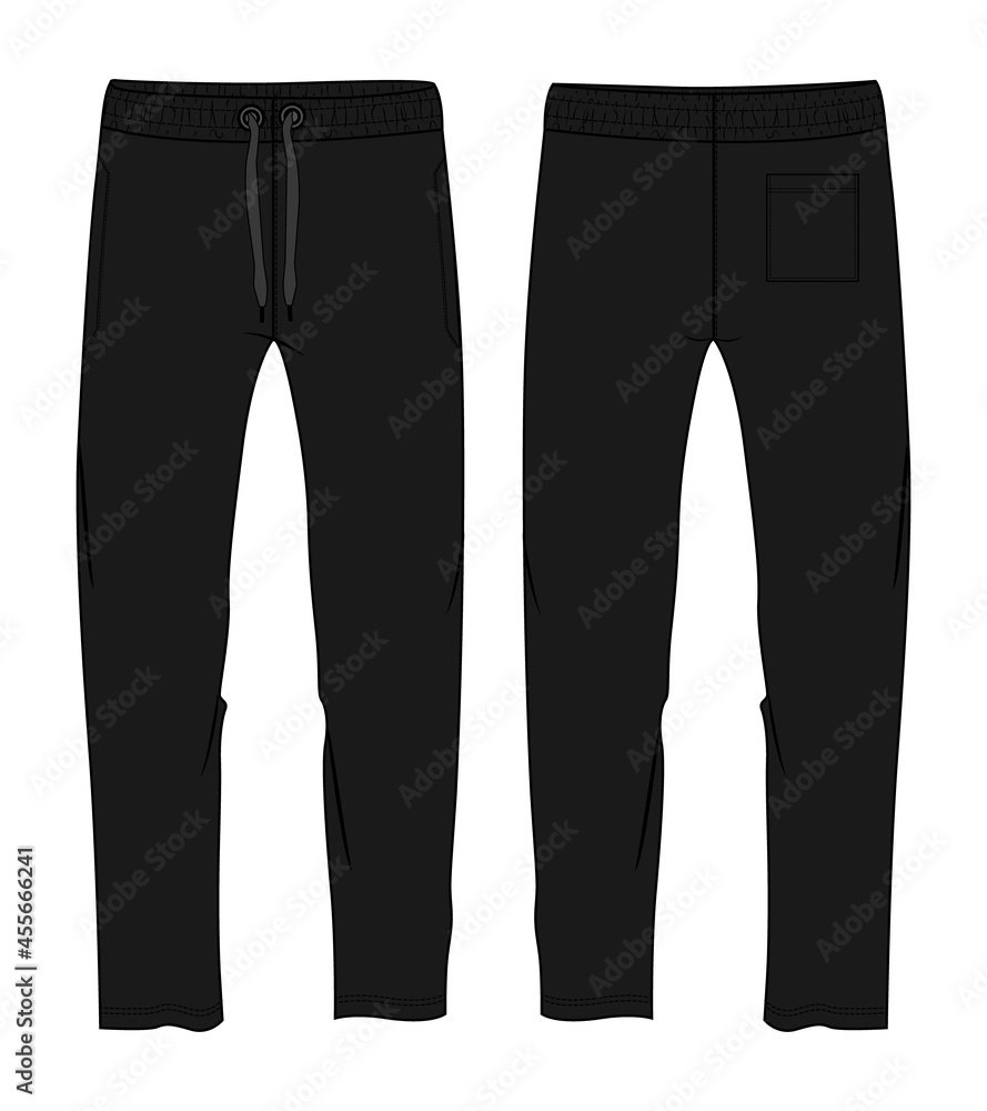 Sweatpants vector illustration drawing. Technical fashion flat sketches. Apparel template Jogging pant sketch Black color Mock up Front, Back views. High waistband adjustable drawstring elastic. Sweatpants vector illustration drawing. Technical fashion flat sketches. Apparel template Jogging pant sketch Black color Mock up Front, Back views. High waistband adjustable drawstring elastic.