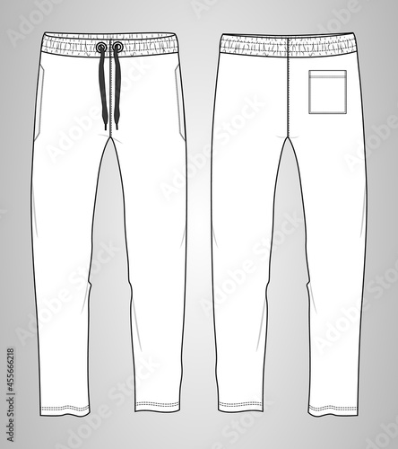 Sweatpants vector illustration drawing. Technical fashion flat sketches. Apparel template Jogging pant sketch Mock up Front, Back views. High waistband adjustable drawstring elastic. Easy editable.