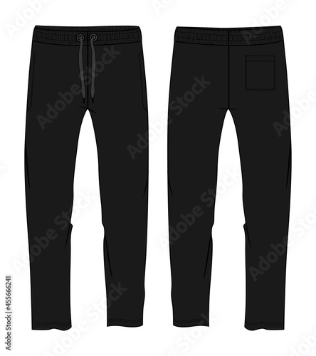 Sweatpants vector illustration drawing. Technical fashion flat sketches. Apparel template Jogging pant sketch Black color Mock up Front, Back views. High waistband adjustable drawstring elastic.