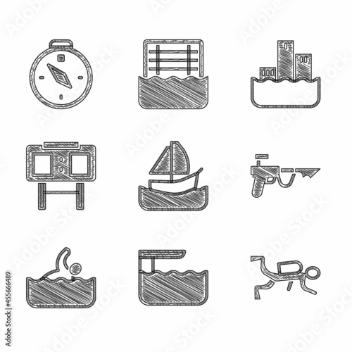 Set Yacht sailboat, Diving board or springboard, Scuba diver, Fishing harpoon, Swimmer, Sport mechanical scoreboard, Winner podium and Compass icon. Vector