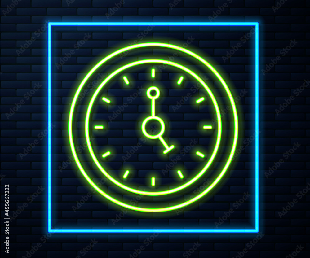 Glowing neon line Clock icon isolated on brick wall background. Time symbol. Vector Glowing neon line Clock icon isolated on brick wall background. Time symbol. Vector