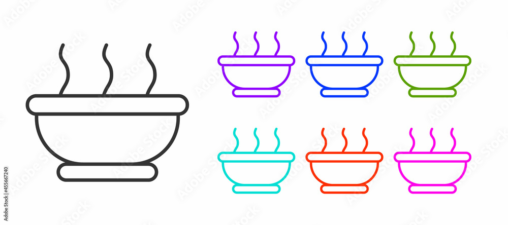 Black line Bowl of hot soup icon isolated on white background. Set icons colorful. Vector Black line Bowl of hot soup icon isolated on white background. Set icons colorful. Vector