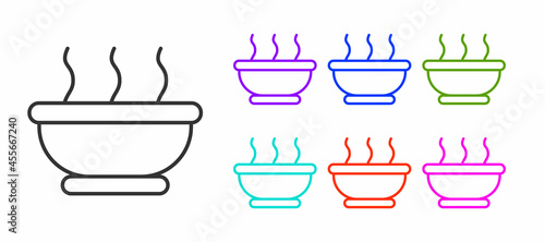 Black line Bowl of hot soup icon isolated on white background. Set icons colorful. Vector