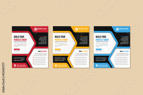 Vertical flyer for build your perfect body, creative concept for presentations and advertising, template for posting photos and text. half hexagon shape use red border. diagonal line pattern. black 