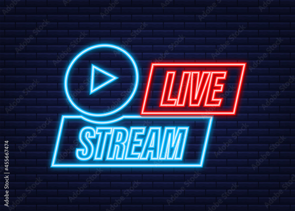 Live streaming logo. Neon icon. Stream interface. Vector stock illustration. Live streaming logo. Neon icon. Stream interface. Vector stock illustration.