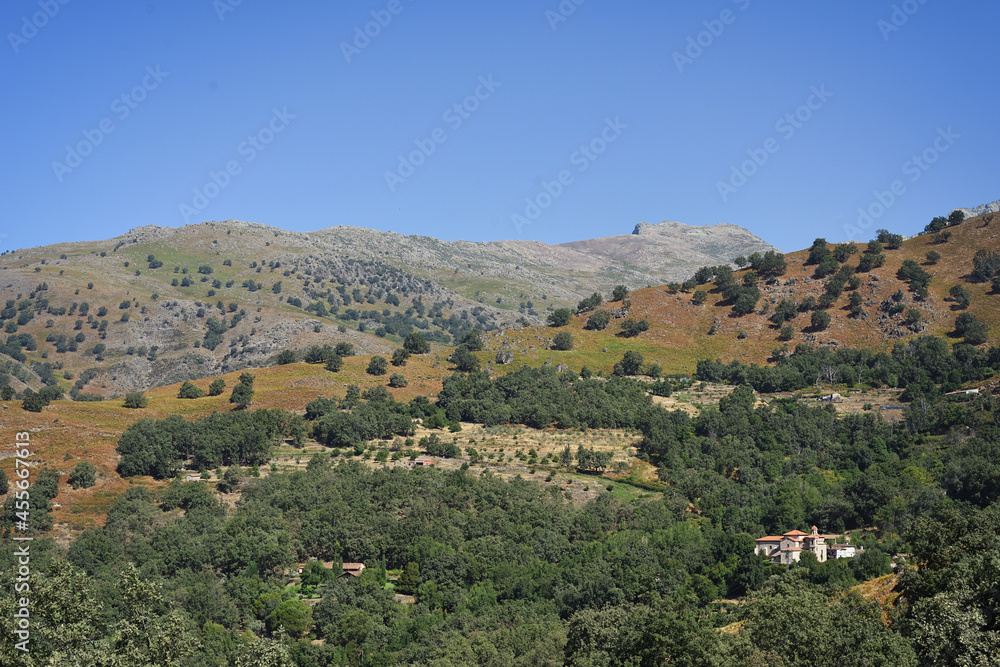 View of a mountain with a lying woman and sanctuary in Candeleda, Spain.
