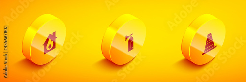 Set Isometric Fire in burning house, extinguisher and Traffic cone icon. Vector