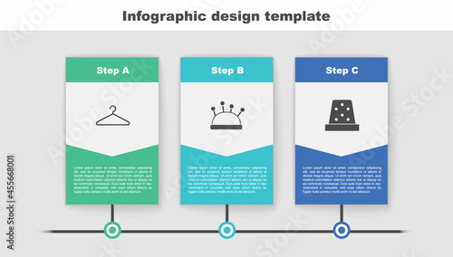 Set Hanger wardrobe, Needle bed and needles and Thimble for sewing. Business infographic template. Vector