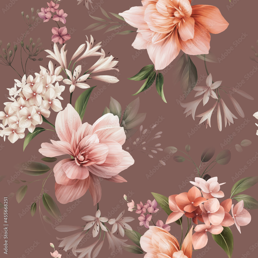 Naklejka Seamless floral pattern with flowers on summer background, watercolor illustration. Template design for textiles, interior, clothes, wallpaper
