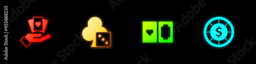 Set Hand holding playing cards, Game dice, Deck of and Casino chips icon. Vector