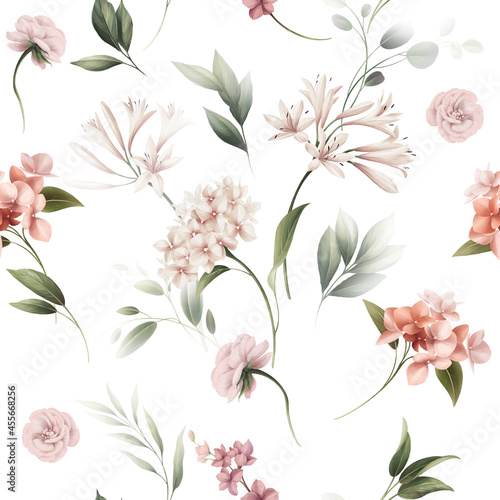 Seamless floral pattern with flowers on summer background  watercolor illustration. Template design for textiles  interior  clothes  wallpaper