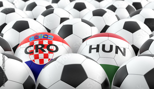 Hungary vs. Croatia Soccer Match - Leather balls in Hungary and Croatia national colors. 3D Rendering 