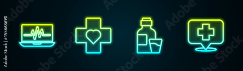 Set line Laptop with cardiogram, Heart cross, Bottle of medicine syrup and Map pointer hospital. Glowing neon icon. Vector