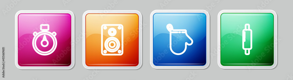 Set line Stopwatch, Stereo speaker, Oven glove and Rolling pin. Colorful square button. Vector Set line Stopwatch, Stereo speaker, Oven glove and Rolling pin. Colorful square button. Vector
